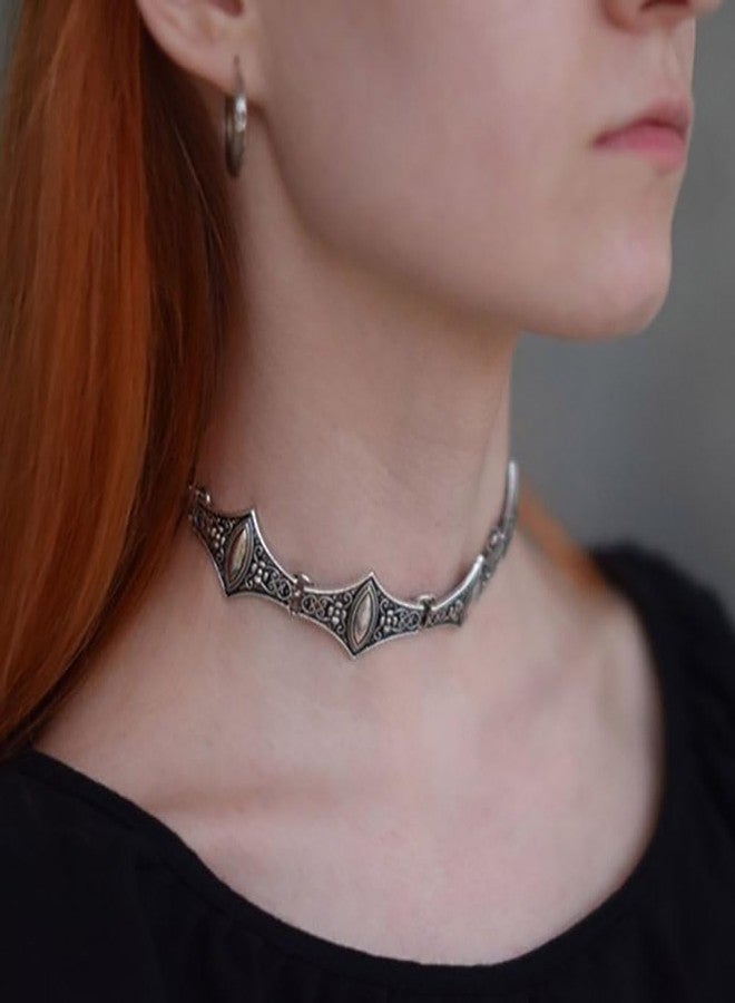 Cykdohy Short Oxidized Filigree Choker Statement Necklace for Women Men Ancient Punk Gothic Patterns Geometric Neck Chain Collar Bib Vintage Retro Necklaces Inidan Traditional Bollywood Gypsy Jewelry (Ancient Silver) - Image 4